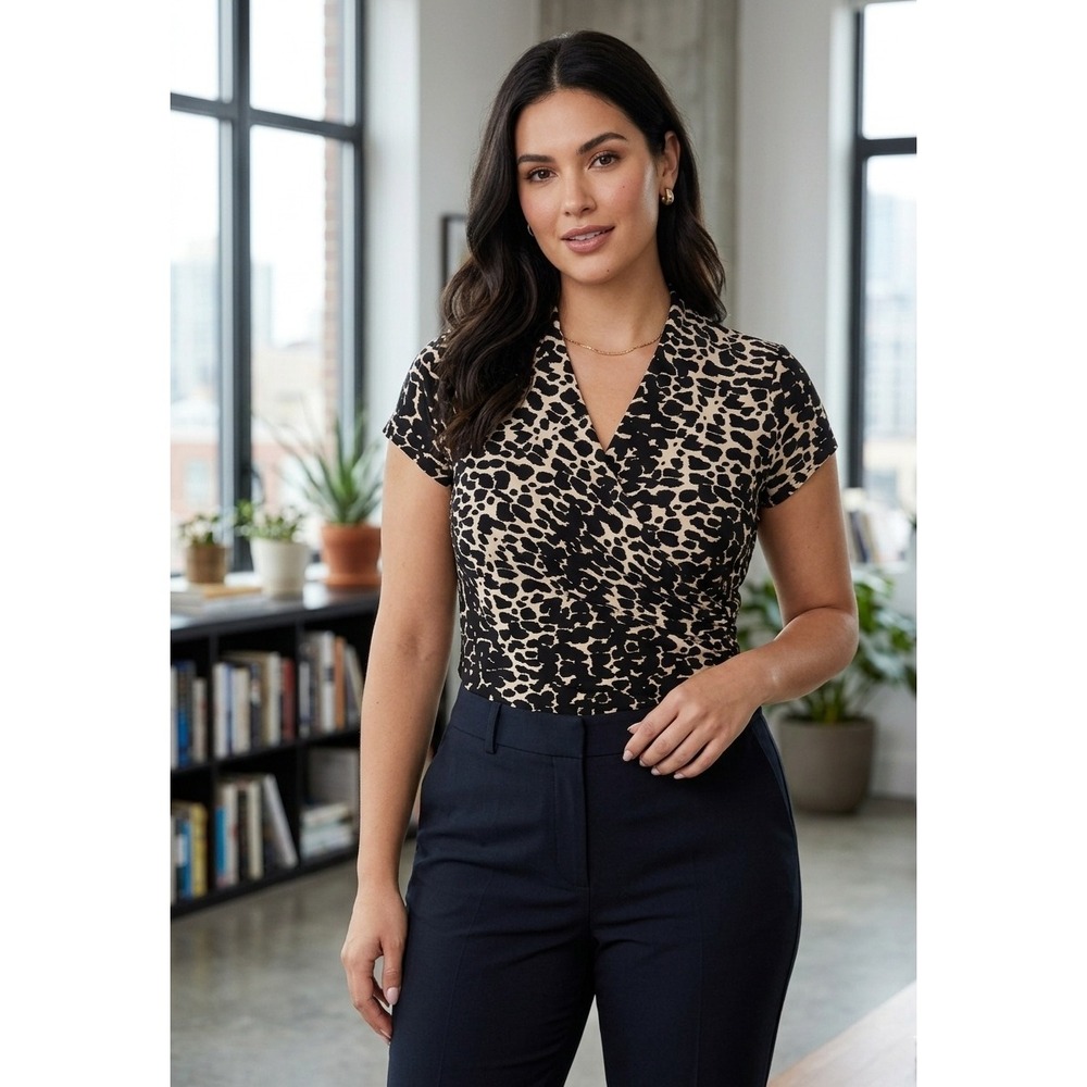 DKNY Leopard Print Faux Wrap Top Short Sleeve V-Neck Blouse Tan Black Large